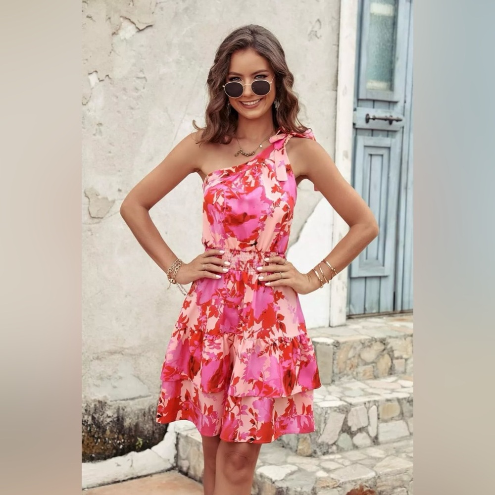 Prettygarden Pink Red Floral Tie Strap One Shoulder Tiered Mini Dress